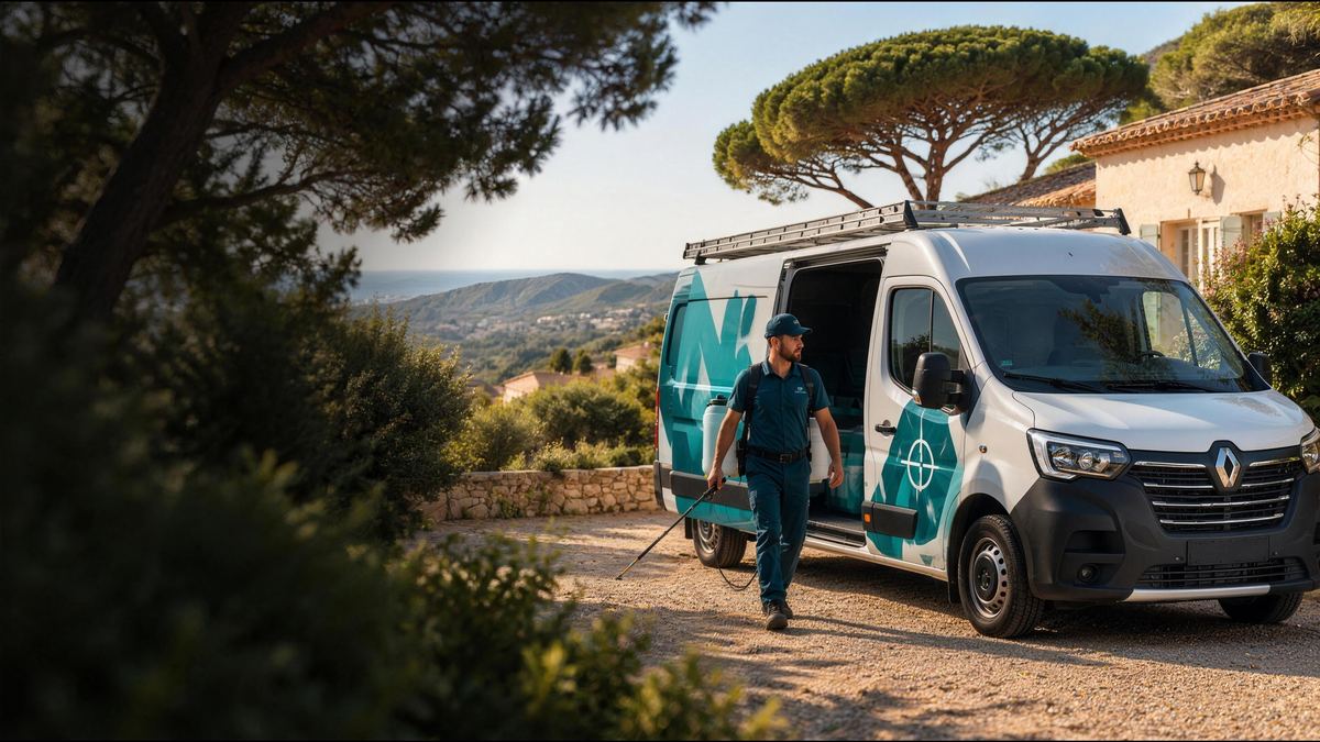 Fourgon et technicien de Nuisibles Assistance devant une villa des collines niçoises