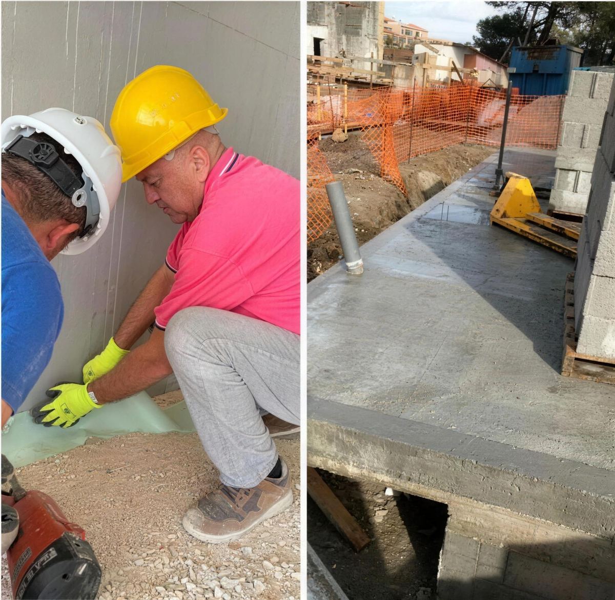Deux techniciens casqués posent une barrière anti-termites au pied d'un mur en construction