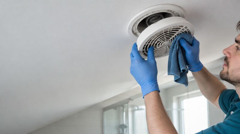 Mains gantées d'un technicien qui nettoie une bouche d'extraction de VMC au plafond